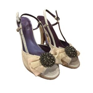 Vintage Anthropologie Due Farina Baccara Linen Heels Rhinestone Jewel Bows
